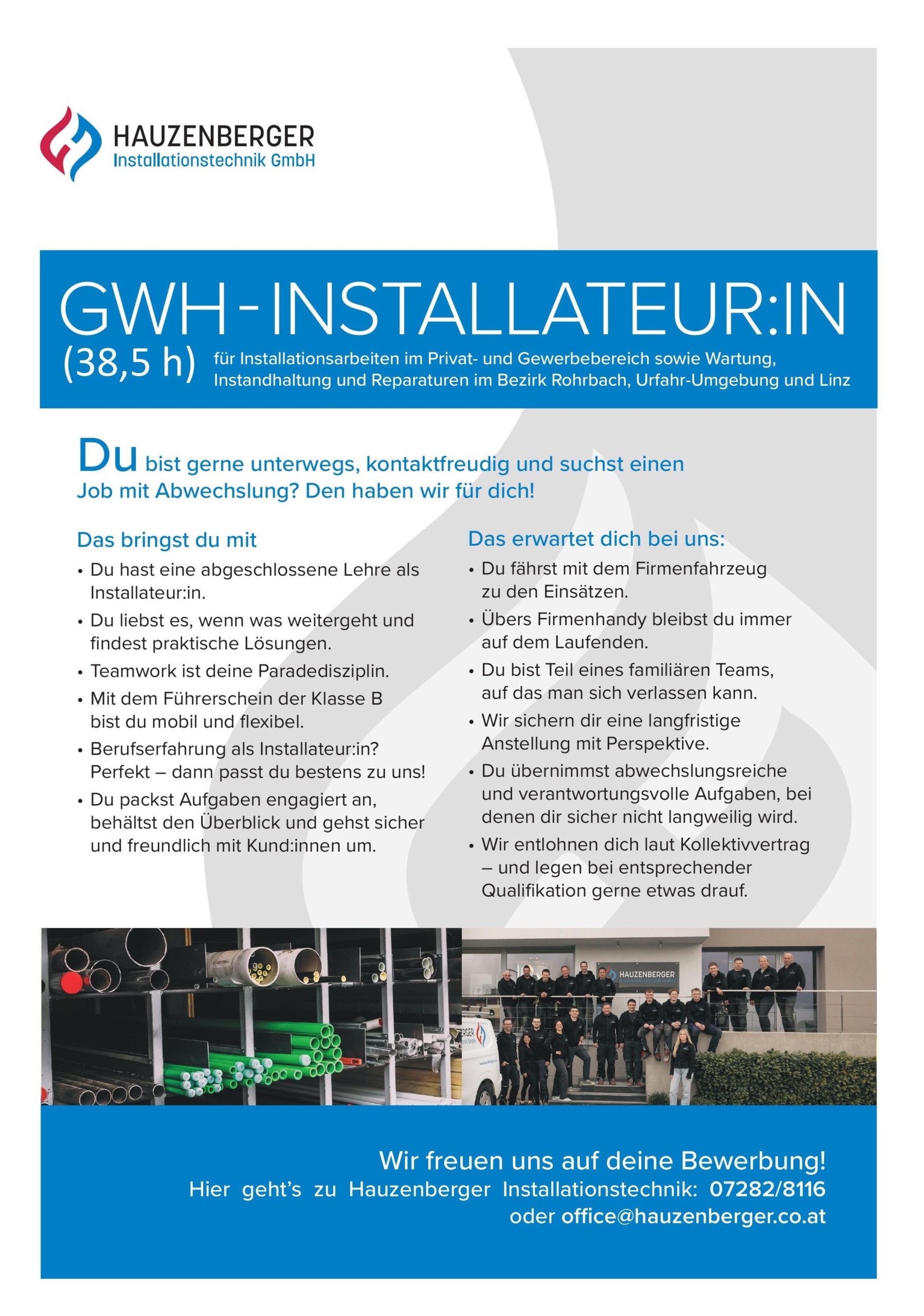 Installateurin oder Installateur gesucht - für Installationsarbeiten im Privat- und Gewerbebereich sowie Wartung, Instandhaltung und Reparaturen im Bezirk Rohrbach, Urfahr-Umgebung und Linz